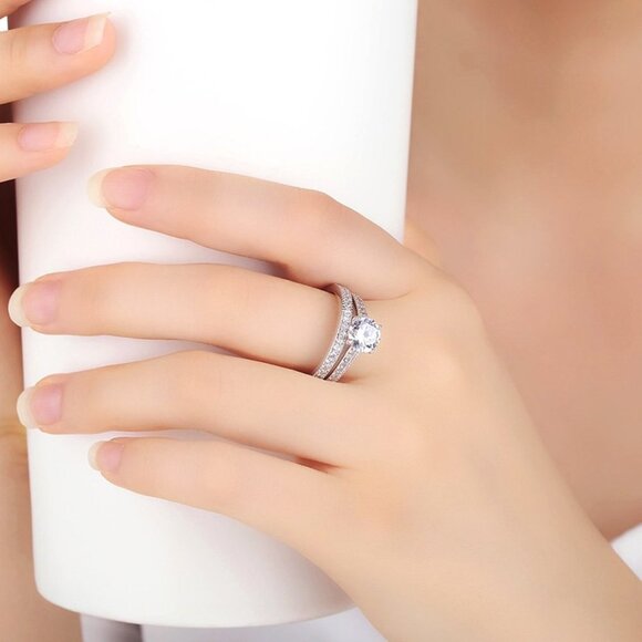 🎁925 Silver Plated 2 PCs CZ Lovely Wedding Couple Ring, GPMB1397 - Picture 3 of 5